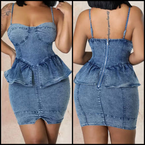 Women Sleeveless Ruffled Fashion Denim Dress