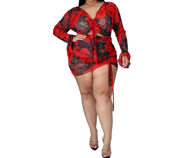 Women Sexy Full Sleeve Floral Drawstring Two Piece Skirt Set