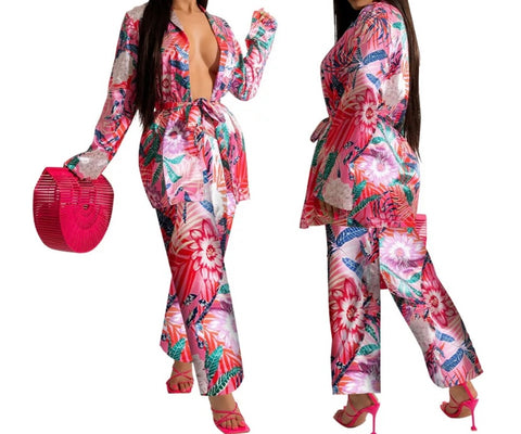 Women Sexy Long Sleeve Floral Two Piece Pant Set