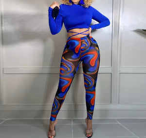 Women Sexy Two Piece Crop Color Print Pant Set