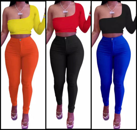 Women Fashion One Shoulder Crop Color-Block Two Piece Pant Set