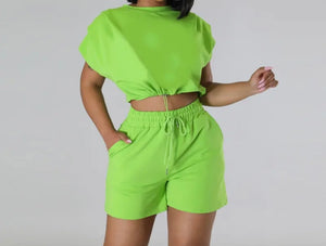 Women Drawstring Short Sleeve Two Piece Short Set