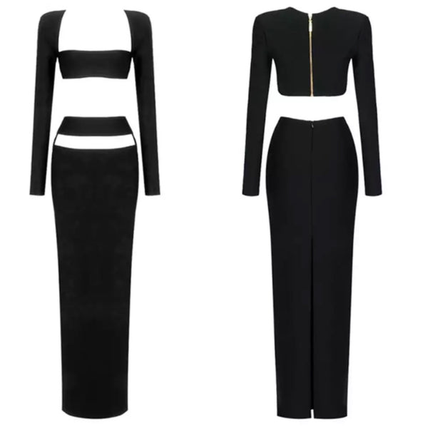 Women Sexy Two Piece Cut Out Full Sleeve Maxi Skirt Set