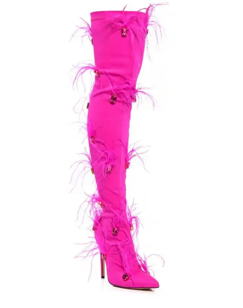 Women Fashion Pink Feather Gem Over The Knee Boots
