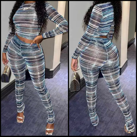 Women Sexy Striped Long Sleeve Crop Two Piece Pant Set