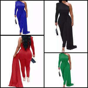 Women Solid Color One Shoulder Sexy Asymmetrical Jumpsuit