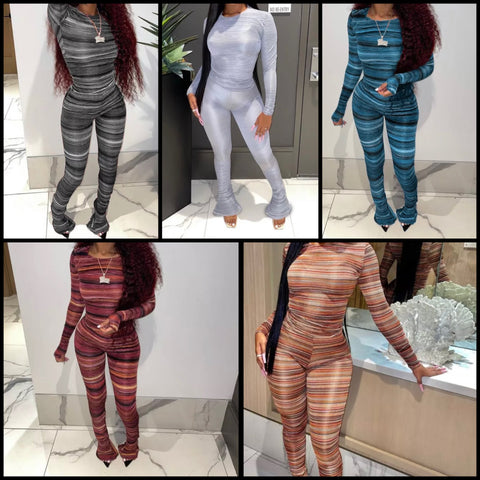 Women Fashion Full Sleeve Striped Two Piece Ruffled Pant Set