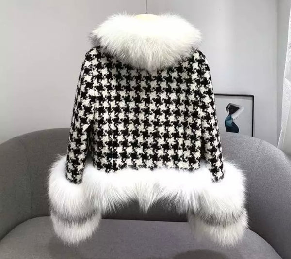 Women Fashion Faux Fur Patchwork Houndstooth Print Jacket