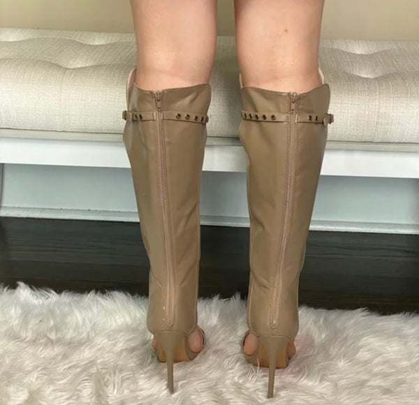 Women Open Toe Leather High Heel Boots