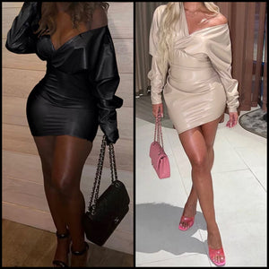 Women Sexy Off The Shoulder PU Ruched Dress