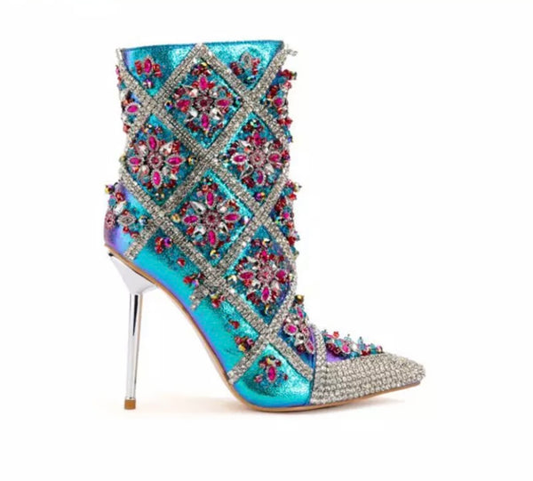 Women Fashion Metallic Rhinestone Ankle Boots