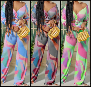 Women Multicolored Print Full Sleeve Two Piece Wide Leg Pant Set
