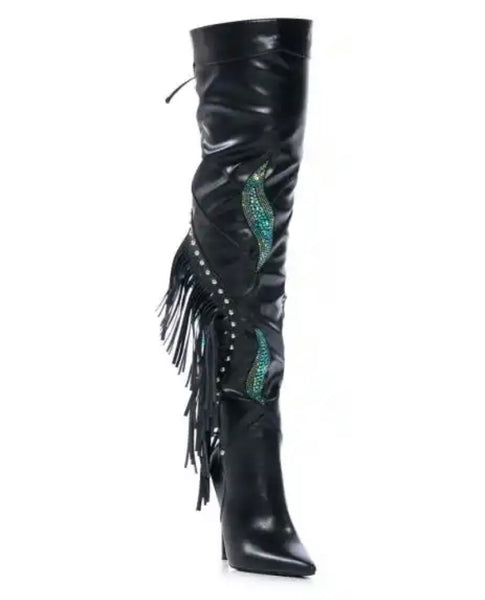 Women Faux Leather Tassel Rhinestone Over The Knee Boots