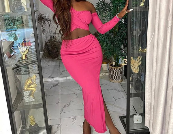 Women Sexy One Shoulder Full Sleeve Crop Two Piece Side Split Skirt Set