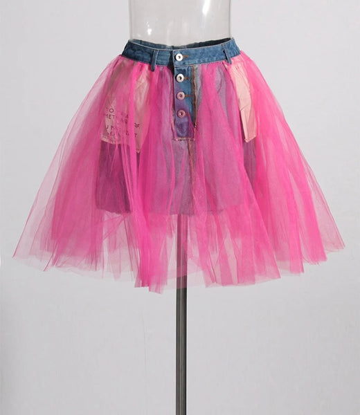 Women Fashion Denim Color Mesh Skirt