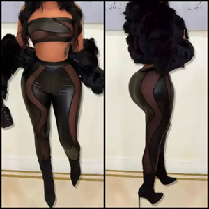 Women Sexy Strapless PU Mesh Patchwork Two Piece Pant Set