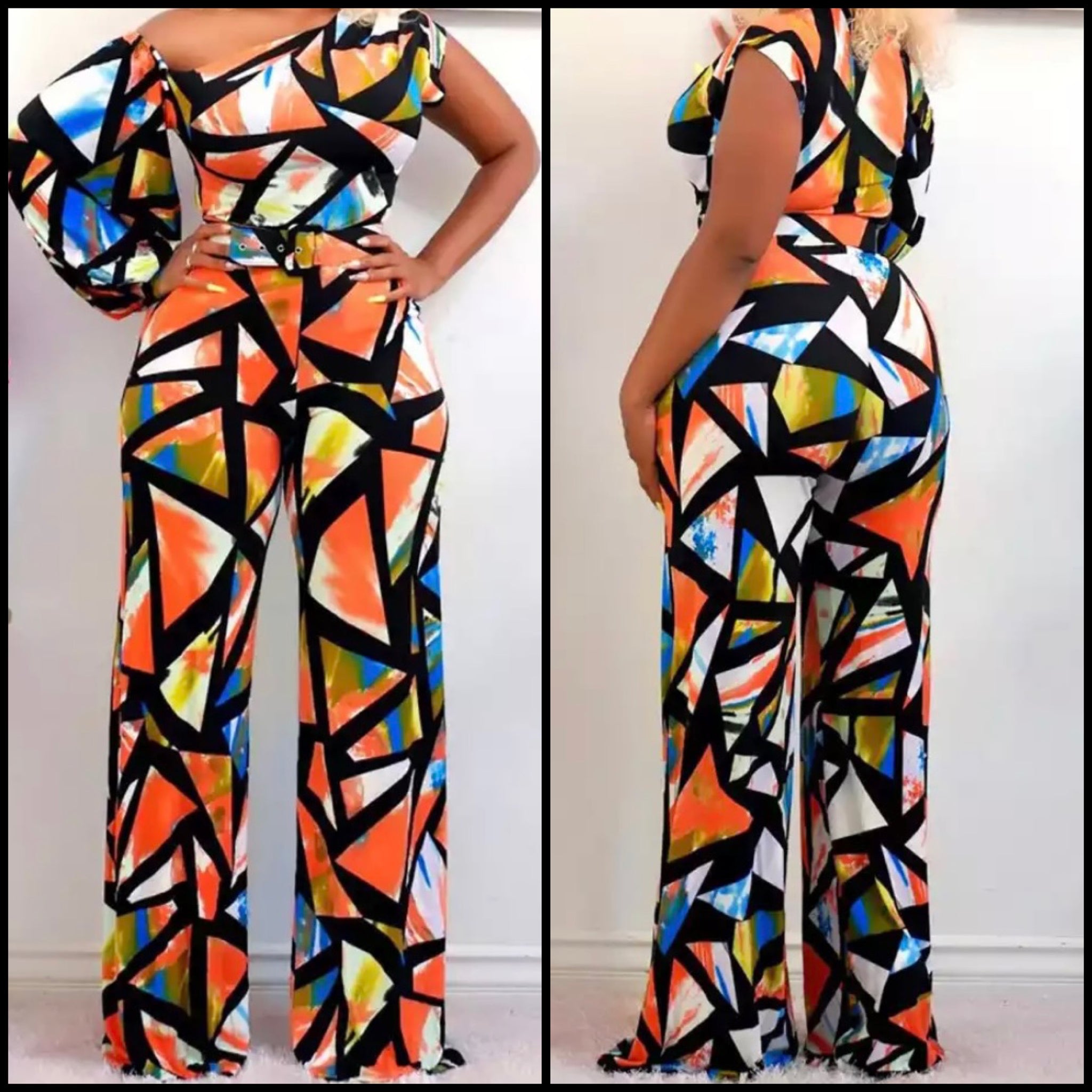 Women Multicolored Print One Shoulder Wide Leg Jumpsuit