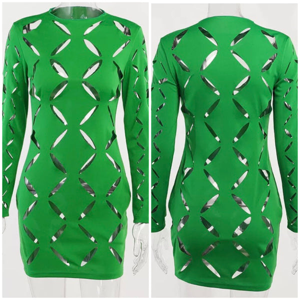 Women Sexy Green Hollow Out Long Sleeve Dress