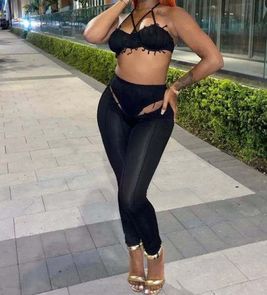 Women Sexy Sleeveless Solid Color Two Piece Cut Out Pant Set
