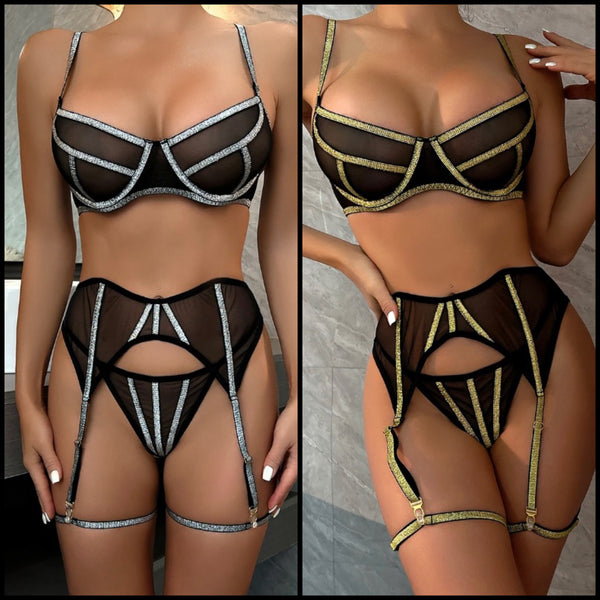 Women Sexy Silver/Gold Mesh Lingerie Set