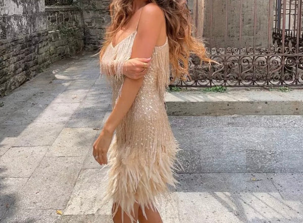 Women Sleeveless Sequins Tassel Sexy Feather Dress