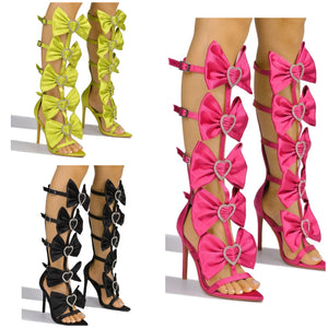 Women Fashion Rhinestone Heart Bow Lace Up Sandals