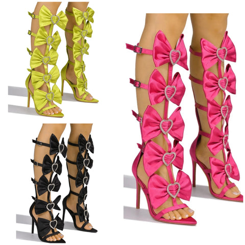Women Fashion Rhinestone Heart Bow Lace Up Sandals