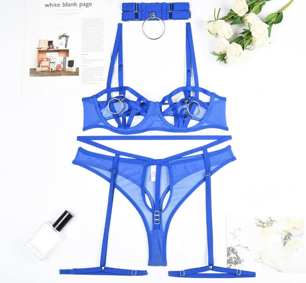 Women Sexy Metal Ring Mesh Hollow Out Lingerie Set