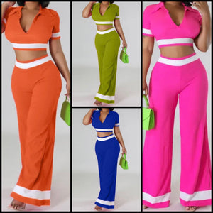 Women Color Patchwork Short Sleeve Crop Two Piece Fashion Pant Set