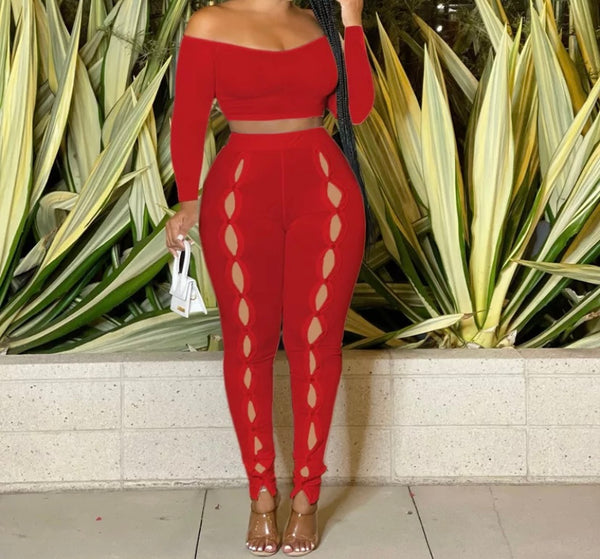 Women Sexy Off The Shoulder Full Sleeve Crop Two Piece Cut Out Pant Set