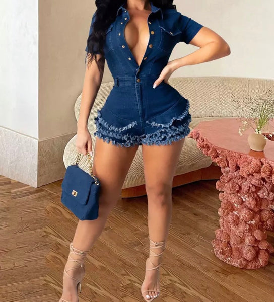 Women Button Up Fringe Denim Romper