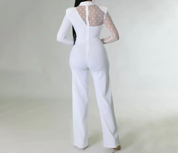 Women Full Sleeve Dot Mesh Patchwork Jumpsuit