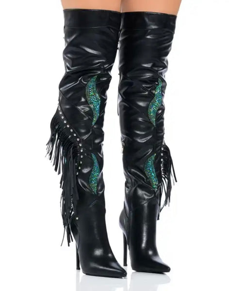 Women Faux Leather Tassel Rhinestone Over The Knee Boots