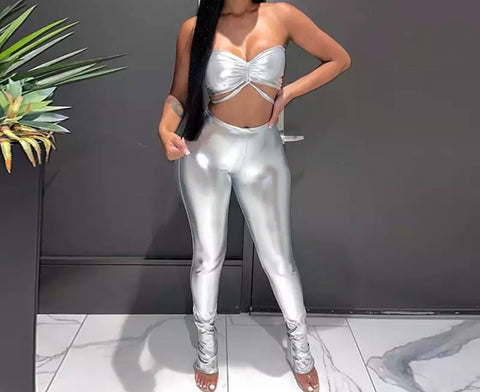 Women Sexy Strapless Silver Two Piece Pant Set