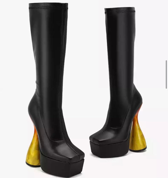 Women Knee Length Color Heel Fashion Platform Boots