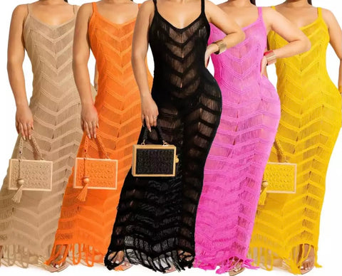 Women Sexy Sleeveless Knitted Fringe Maxi Dress