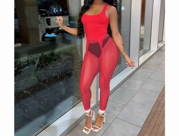 Women Sexy Fashion Sleeveless Tank Two Piece Mesh Pant Set