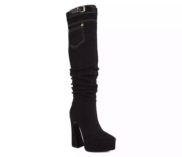 Women Fashion Buckled Denim Platform Pocket Knee High Boots