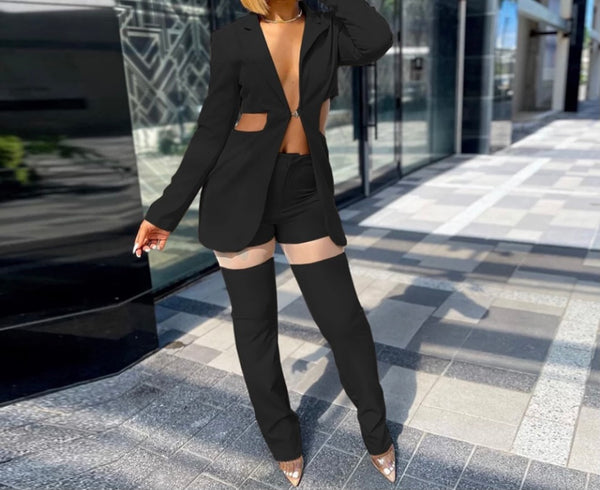 Women Two Piece Mesh Patchwork Cut Out Two Piece Blazer Pant Set