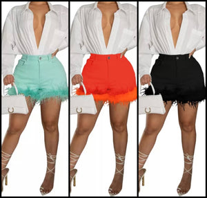 Women Fashion Feather Denim Shorts