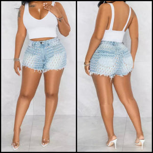 Women Fashion Hollow Out Fringe Denim Shorts