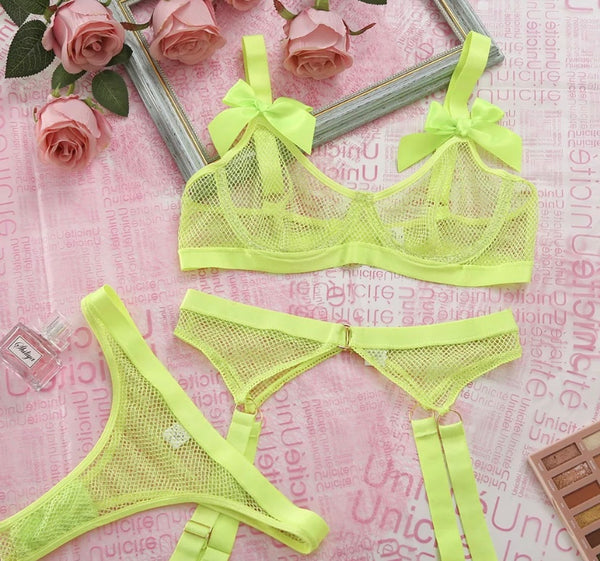 Women Sexy Neon Green Mesh Bow Lingerie Set