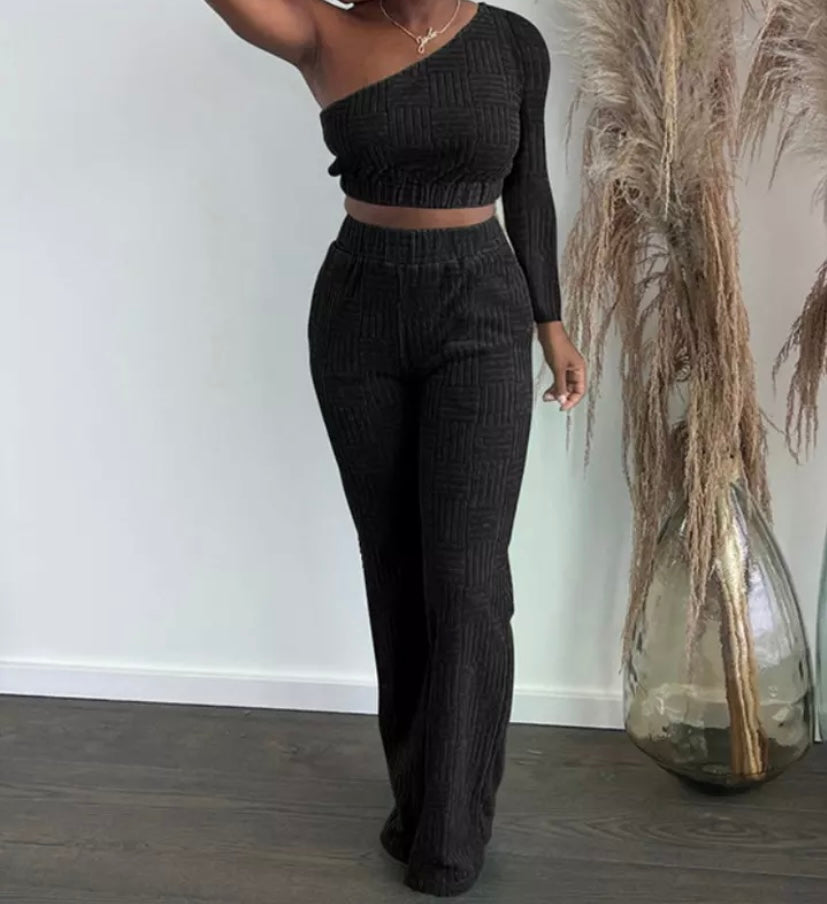 Women One Shoulder Crop Sexy Two Piece Pant Set