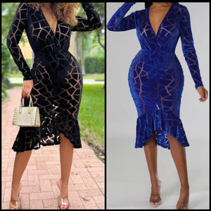 Women Sexy Long Sleeve Velour Mesh Patchwork Ruffled Dress