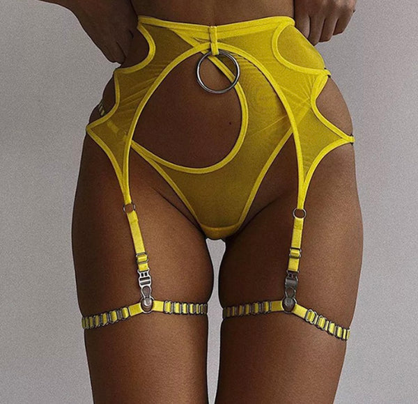 Women Sexy Yellow Choker Mesh Lingerie Set