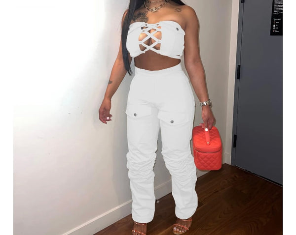 Women Sexy Strapless Crop Two Piece Pocket Pant Set