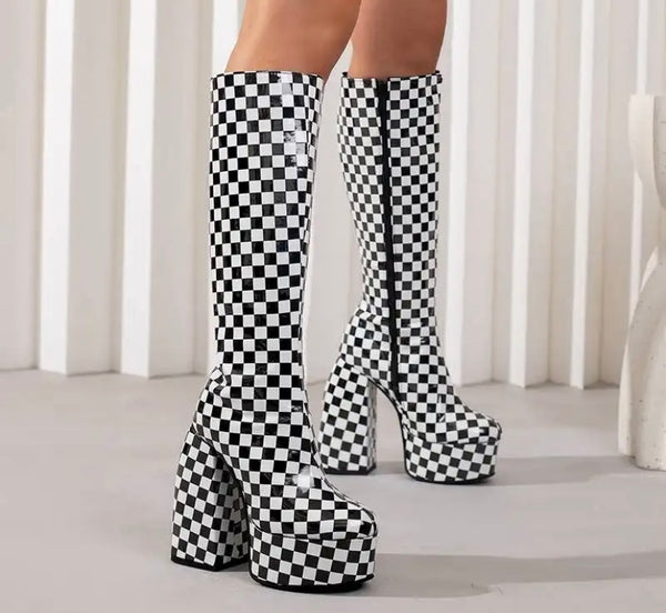 Women B&W Fashion PU Platform Boots