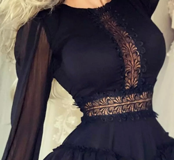 Women Sexy Black Mesh Patchwork Ruffled Dress