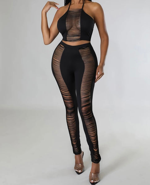 Women Sexy Black Halter Ripped Two Piece Pant Set