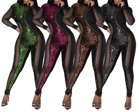 Women Sexy Sequins Mesh Patchwork Fashion Full Sleeve Jumpsuit